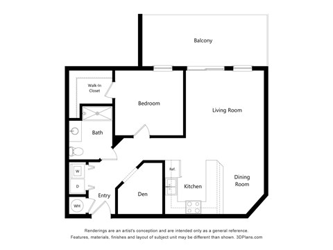 Floor plan for 1 bed, 1 bath, 924 sqft